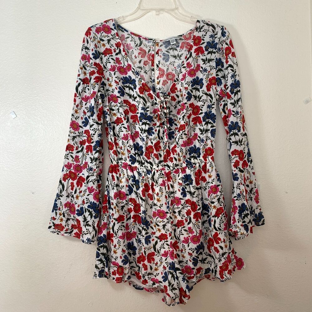 American Eagles Women's Floral Tie Front Bell Sleeve Romper With Pockets Size S